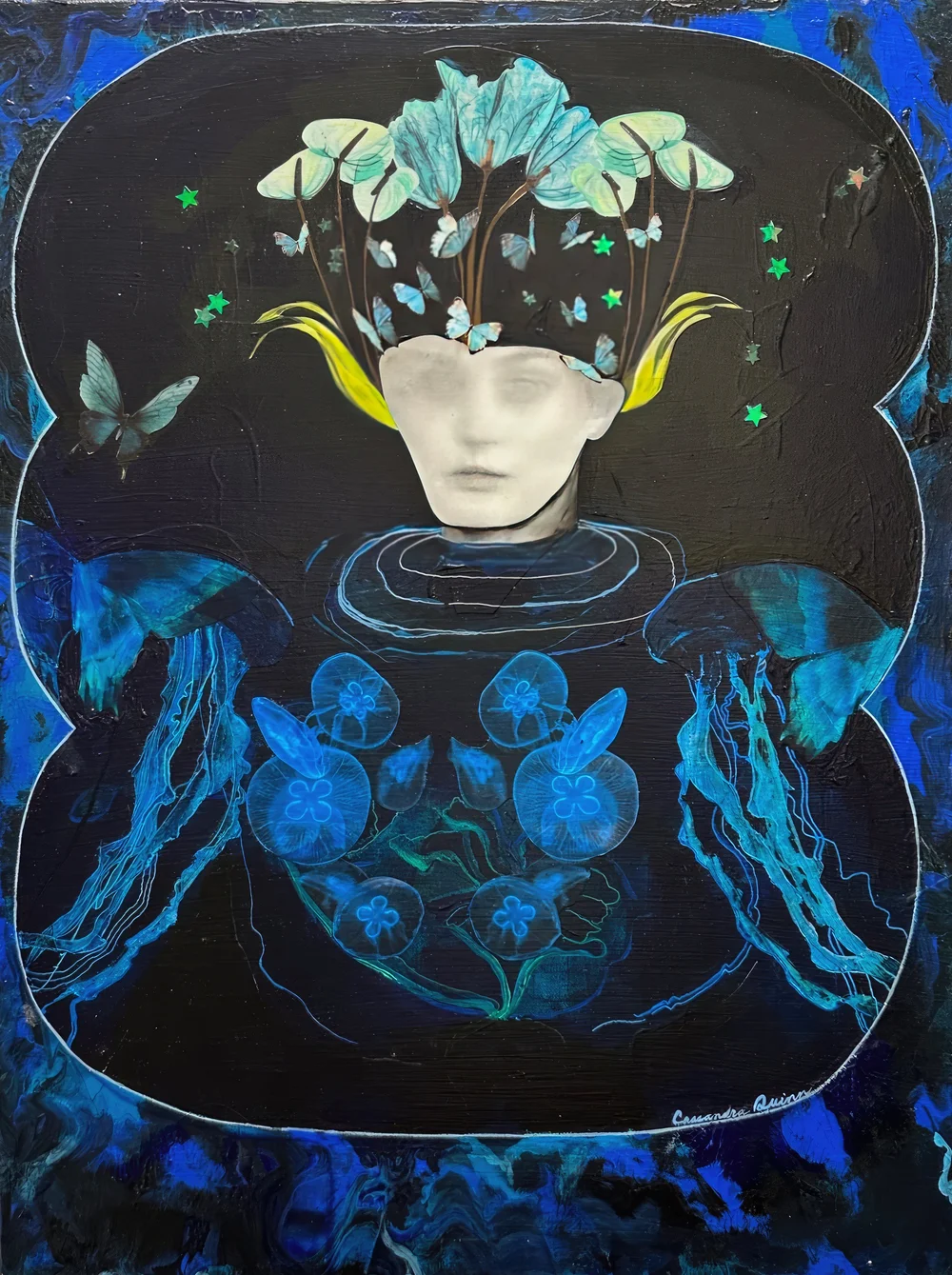 Meet Me at Midnight, mixed media collage on panel