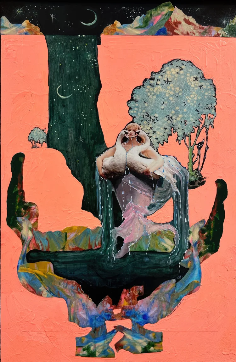 Swans, mixed media collage on panel